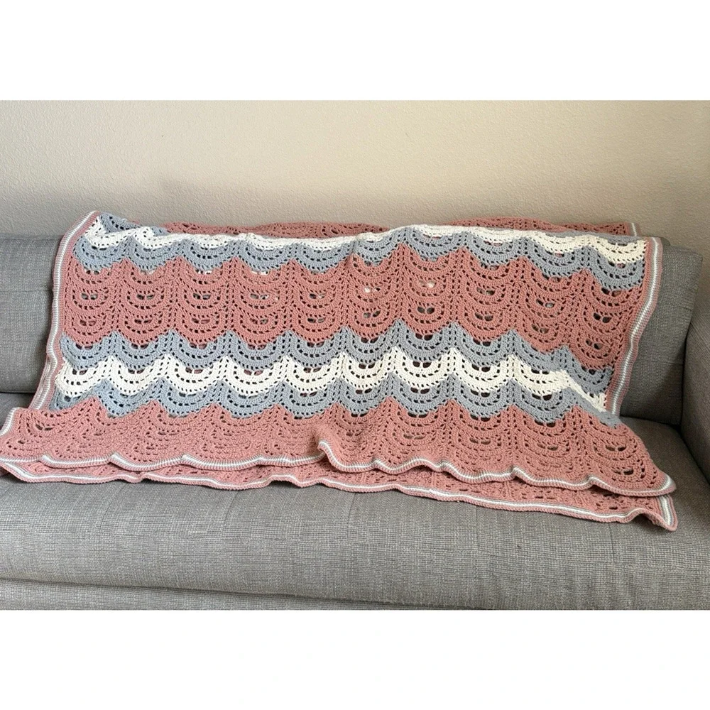 Vintage Handmade Crochet Blanket Afghan Lacy Fan Ripple Pink Grey White 62x72